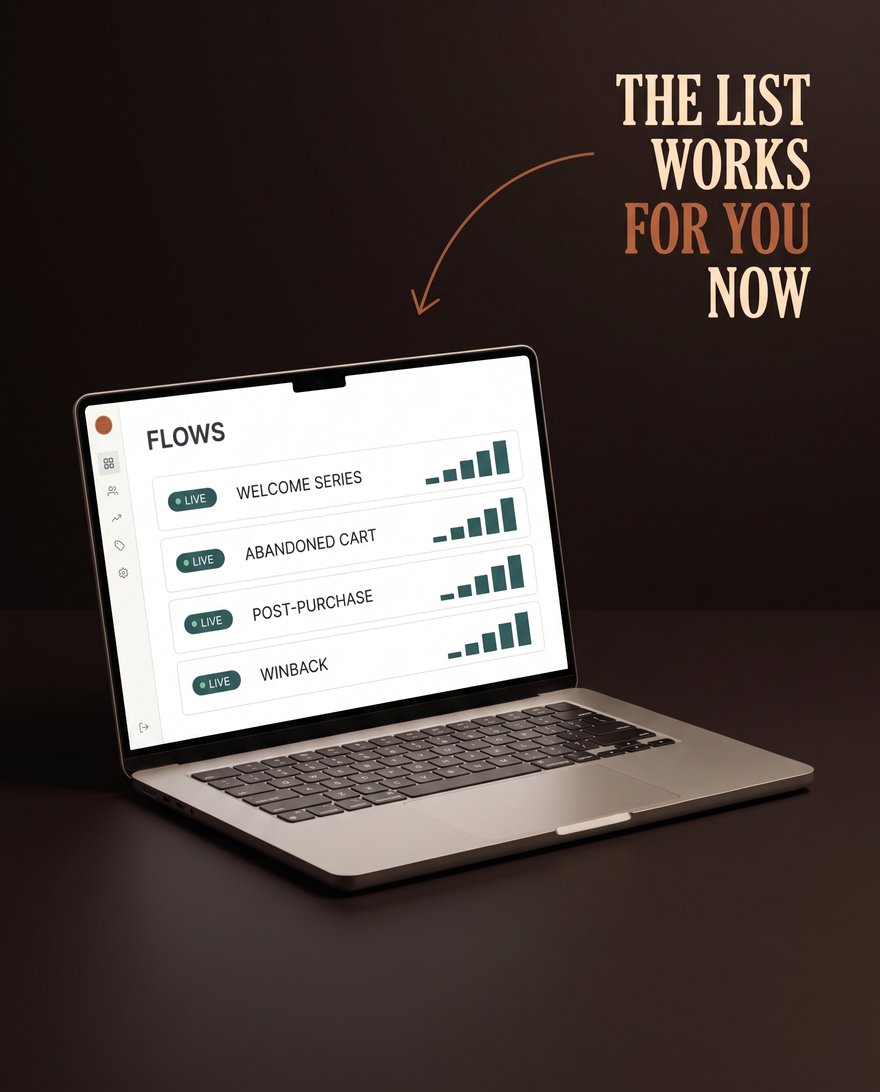 An email platform flows screen with welcome, abandoned cart, post-purchase, and winback all live and earning. The list works for you now.