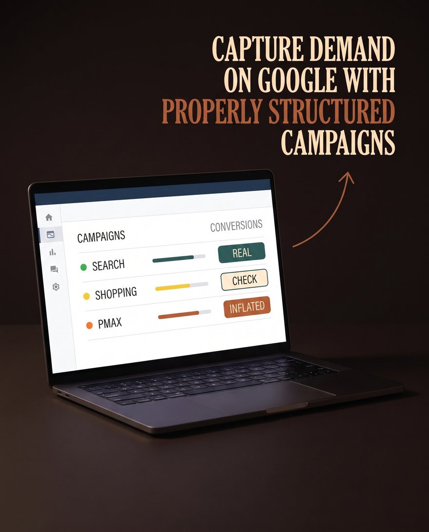 A Google Ads style campaign screen where the conversions column marks search real, shopping check, and PMax inflated. Capture demand on Google with properly structured campaigns.