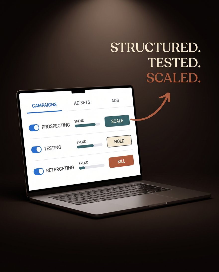 An ads manager campaign screen with the account structured into prospecting, testing, and retargeting, each row carrying its verdict chip: scale, hold, or kill.