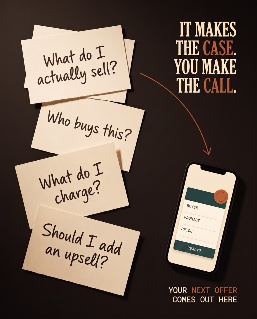 Handwritten questions an operator is stuck on, resolved into one recommended offer on a phone