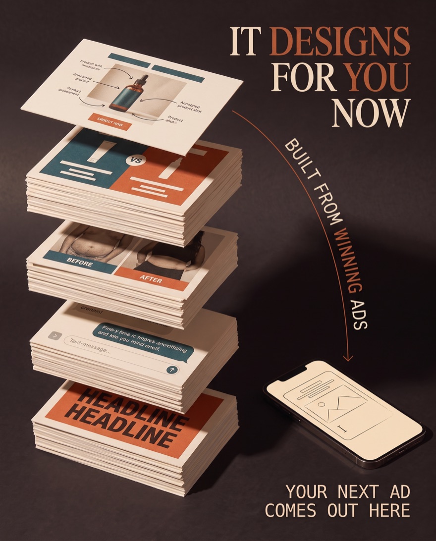 A stack of printed winning static ads flowing into a phone where the next ad takes shape. It designs for you now.