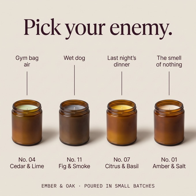 Specimen static ad: four candles matched to four bad smells under the headline Pick your enemy