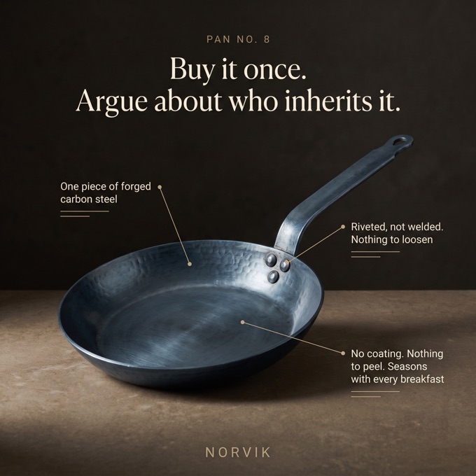 Specimen ad: annotated product proof for a demo cookware brand