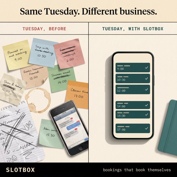 Specimen ad: a before-and-with comparison for a demo scheduling app