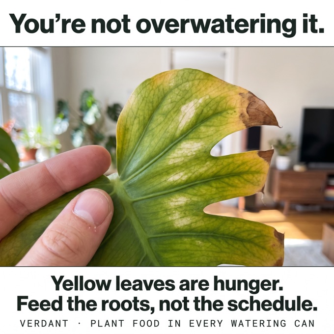 Specimen static ad: close-up of a yellowing houseplant leaf with the headline You're not overwatering it