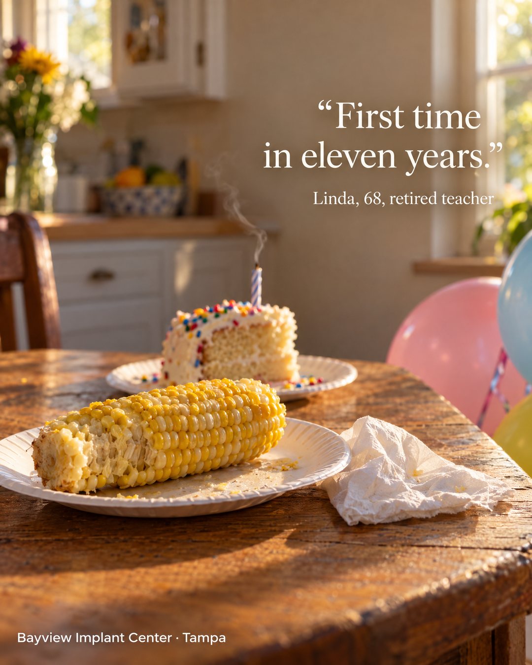 A buttered ear of corn on a paper plate at a family birthday table, with the quote "First time in eleven years." from Linda, 68, retired teacher.