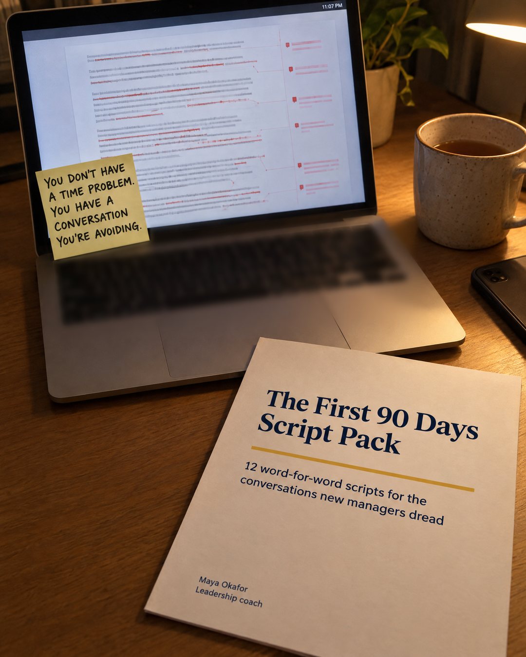 A laptop at night covered in red tracked changes at 11:07 PM, with a sticky note reading "You don't have a time problem. You have a conversation you're avoiding." and the printed First 90 Days Script Pack cover beside it.
